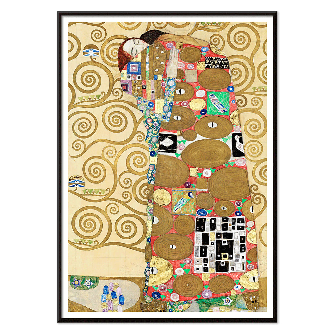 Fulfillment by Gustav Klimt vibrant embrace poster with intricate figures colorful patterns and swirling golden backgrounds, with black aluminium frame on white background