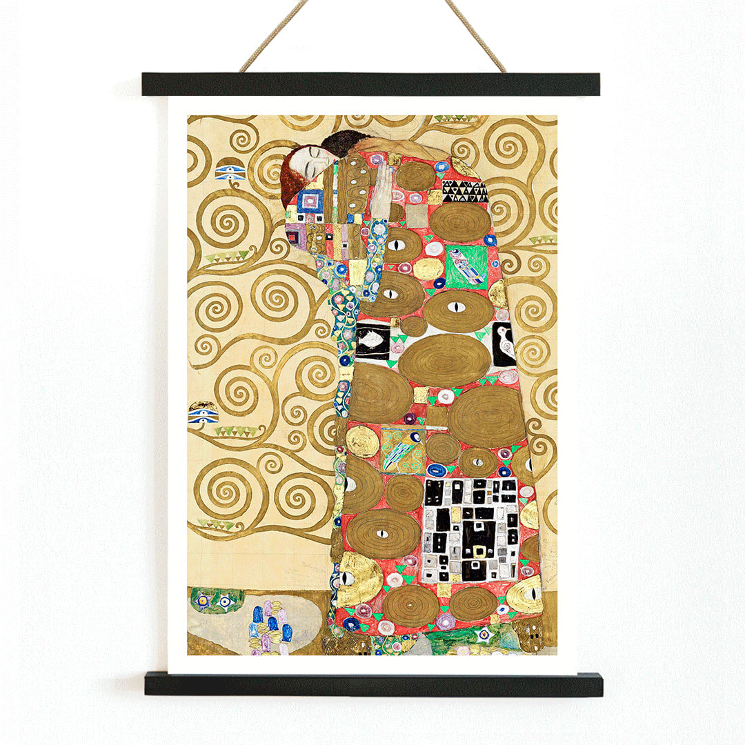 Fulfillment by Gustav Klimt vibrant embrace poster with intricate figures colorful patterns and swirling golden backgrounds, with wooden magnetic frame on white background