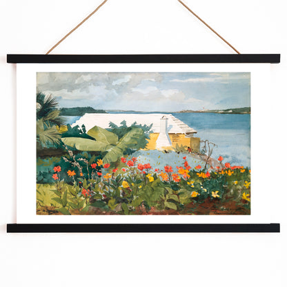 Vibrant tropical flower garden and bungalow by the sea artwork Flower Garden and Bungalow Bermuda by Winslow Homer poster, with wooden magnetic frame on white background