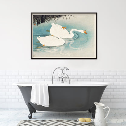 White geese swimming among blue water and reeds Geese amid Reeds by Ohara Koson poster, framed and displayed in home decor