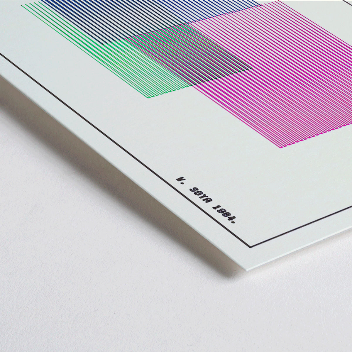 Closeup detail of Abstract geometric art poster with colorful overlapping and vertical lines in red blue and green by W Soya inspired by Red Blue Green modern decor