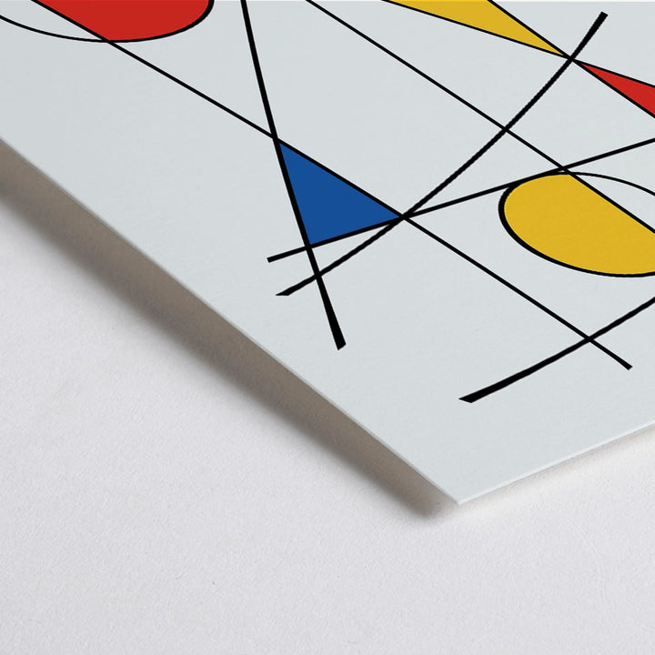 Closeup detail of Abstract artwork by Geometric Lines and colors 3 with intersecting black lines and vibrant geometric shapes in red blue and yellow