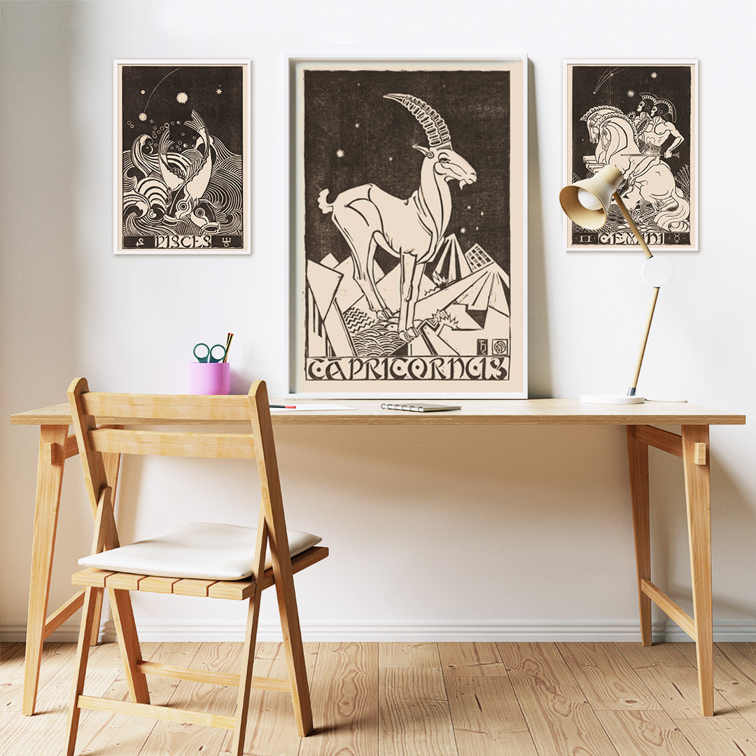 Capricorn zodiac sign illustration and poster featuring a stylized goat under stars in an abstract landscape artwork titled Capricornus by Henri van der Stok, framed and displayed in home decor