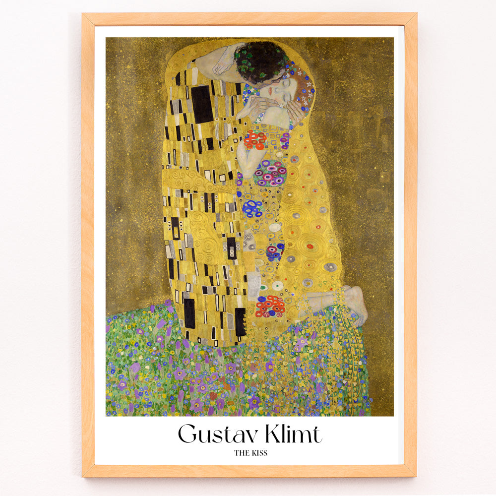 Closeup detail of The Kiss by Gustav Klimt featuring two lovers embracing in a richly decorated golden background with floral patterns romantic couple artwork poster