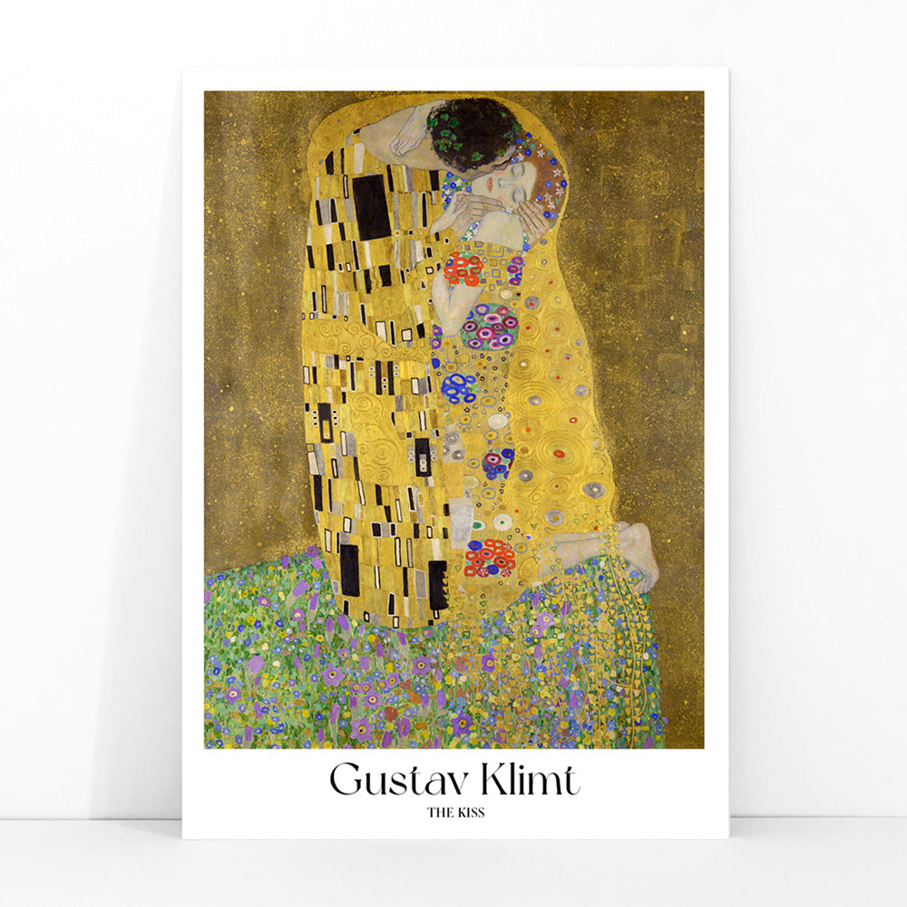 The Kiss by Gustav Klimt featuring two lovers embracing in a richly decorated golden background with floral patterns romantic couple artwork poster, framed and displayed in modern living room decor