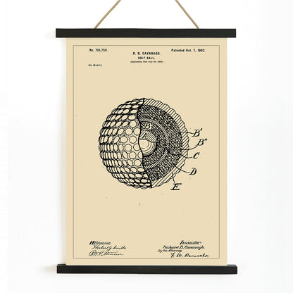 Golf ball patent technical drawing by R B Cavanagh showing detailed labeled interior structure and design elements, with wooden magnetic frame on white background