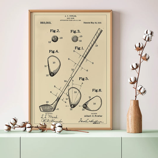 Golf Club Patent by A C Fowler with detailed technical drawings specifications and labeled parts poster, framed and displayed in home decor