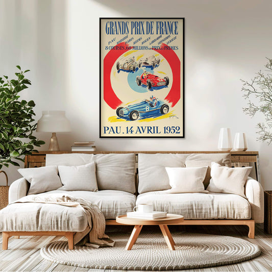 Vintage poster by Jean Des Gachons showing colorful race cars and event details for Grands Prix de France at multiple locations, framed and displayed in home decor