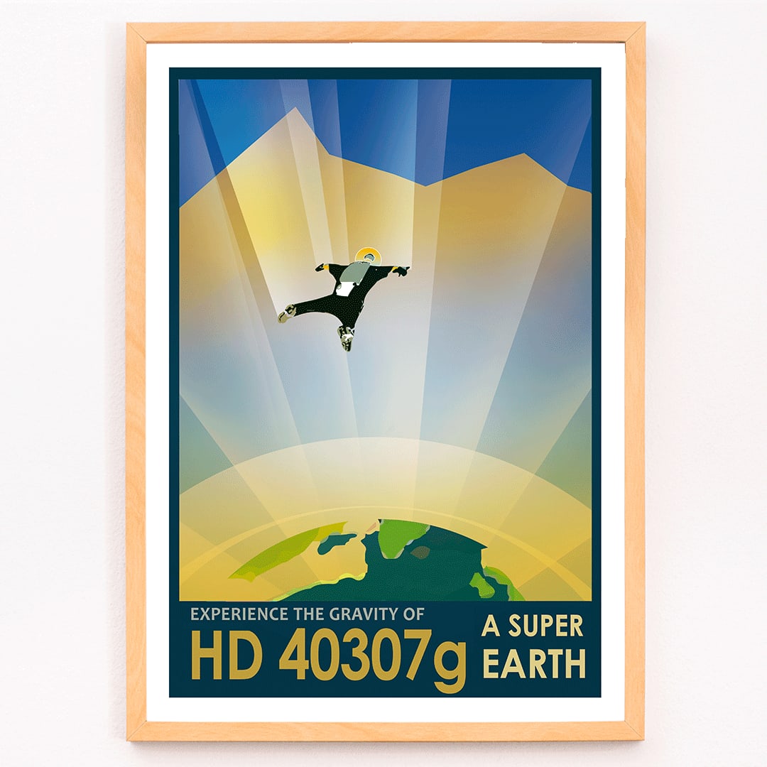 Astronaut skydiving above alien landscape HD 40307g super earth by NASA space exploration poster, framed and displayed in modern living room decor