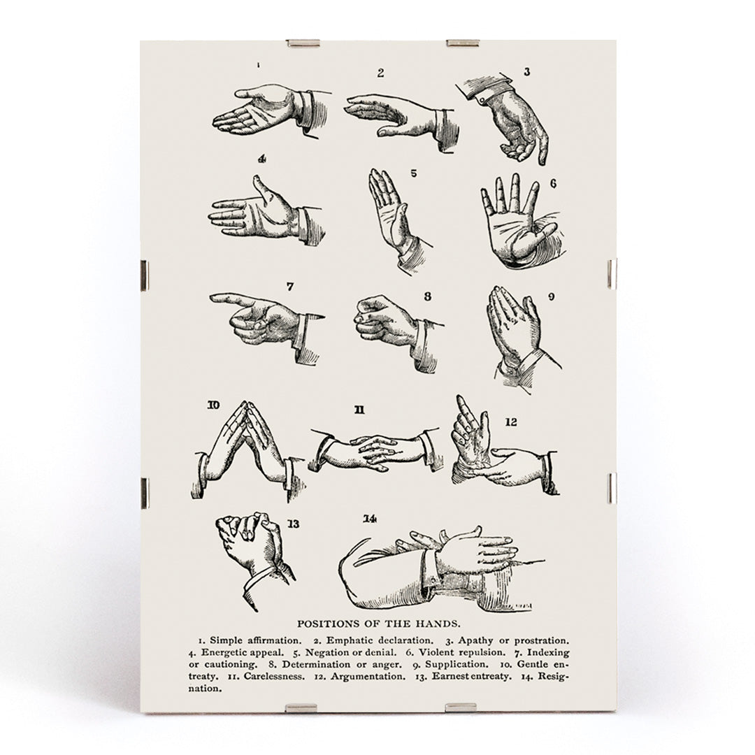 Drawings and poster of hand gesture positions for sign language by Joseph Gibbons Richardson from Positions of the Hands artwork, framed and displayed in modern living room decor