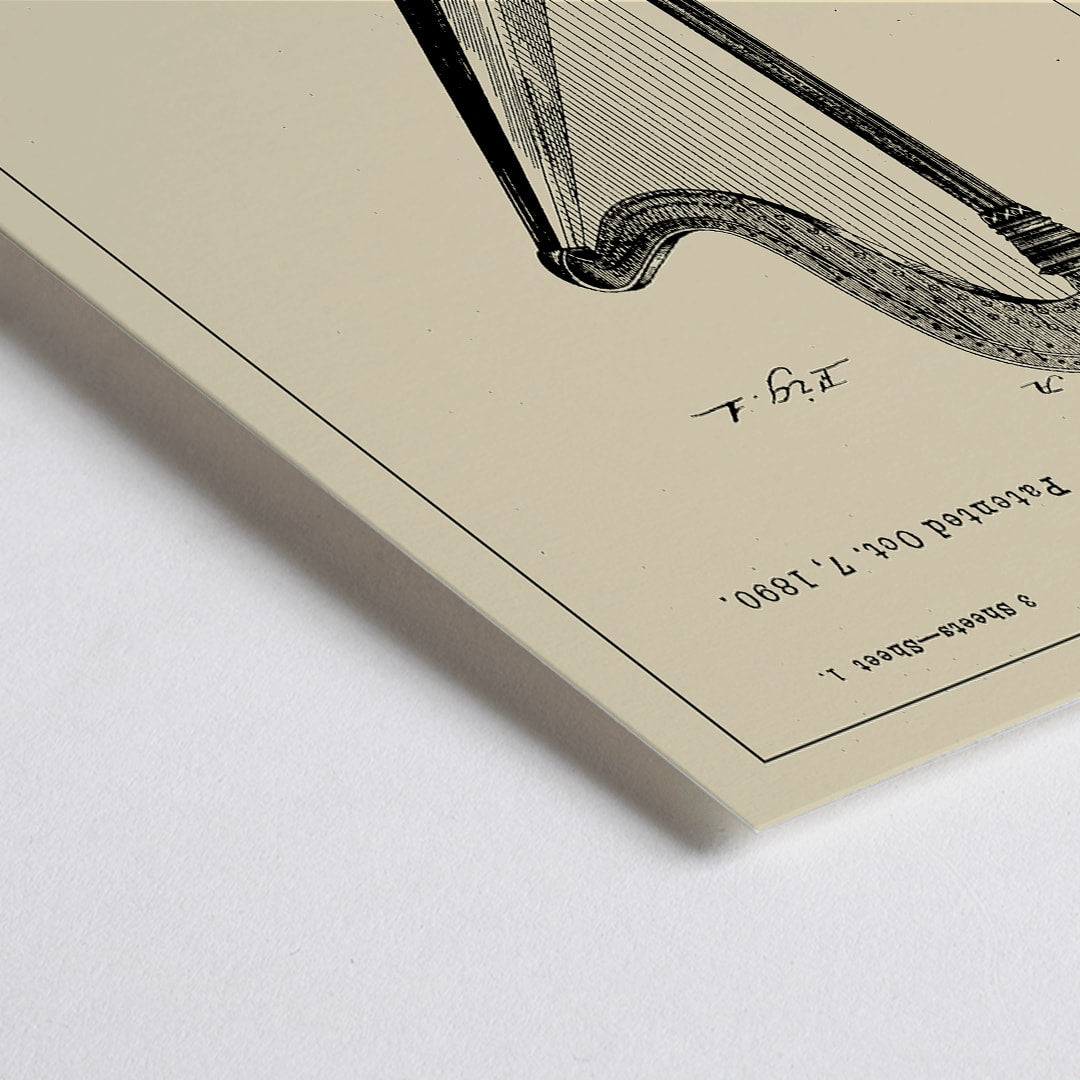 Closeup detail of Harp patent drawing and poster by G B Durkee featuring detailed technical drawing and historical patent information