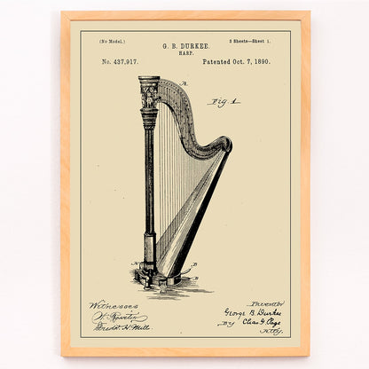 Harp patent drawing and poster by G B Durkee featuring detailed technical drawing and historical patent information, framed and displayed in modern living room decor