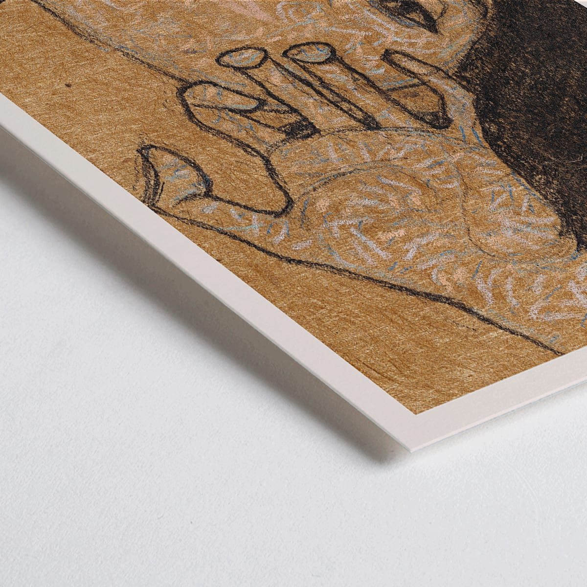 Closeup detail of Head of a Woman by Egon Schiele expressive portrait art drawing poster showing a womans face with intricate hand details on a textured background