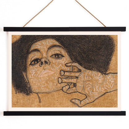 Head of a Woman by Egon Schiele expressive portrait art drawing poster showing a womans face with intricate hand details on a textured background, with wooden magnetic frame on white background
