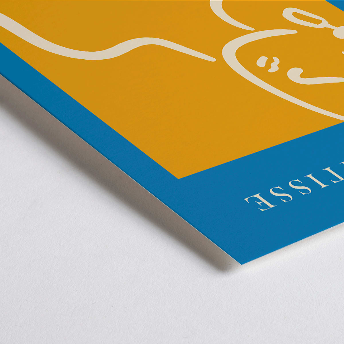 Closeup detail of Henri Matisse poster of abstract girl with earring in orange and blue from Galerie Maeght artwork