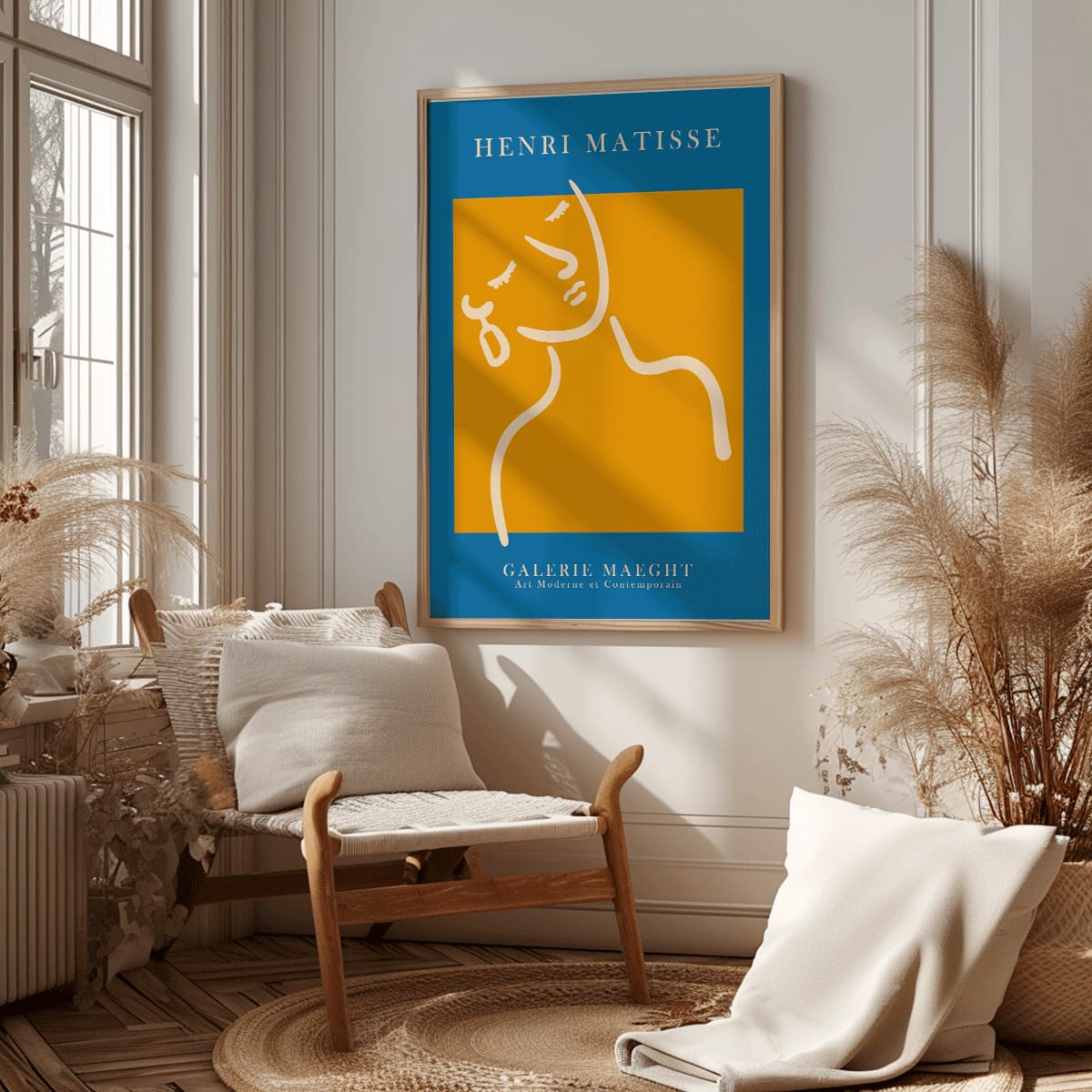 Henri Matisse poster of abstract girl with earring in orange and blue from Galerie Maeght artwork, framed and displayed in home decor