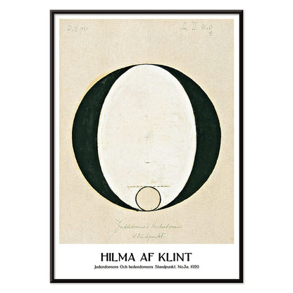 Abstract geometric poster by Hilma af Klint titled Judaism and Paganism Standpoint featuring a large central oval shape, with black aluminium frame on white background