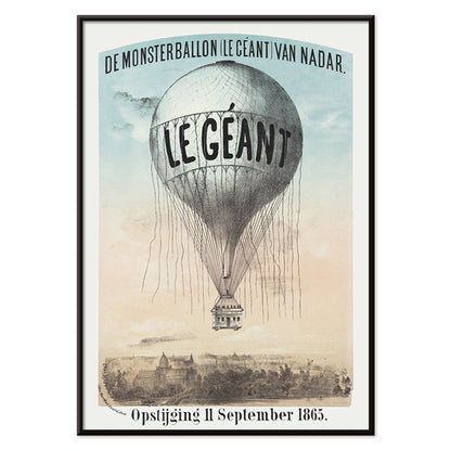 Hot air balloon Le Géant by Nadar Morriën and Amand flying above a cityscape poster titled The Monster Balloon, with black aluminium frame on white background