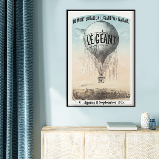 Hot air balloon Le Géant by Nadar Morriën and Amand flying above a cityscape poster titled The Monster Balloon, framed and displayed in home decor
