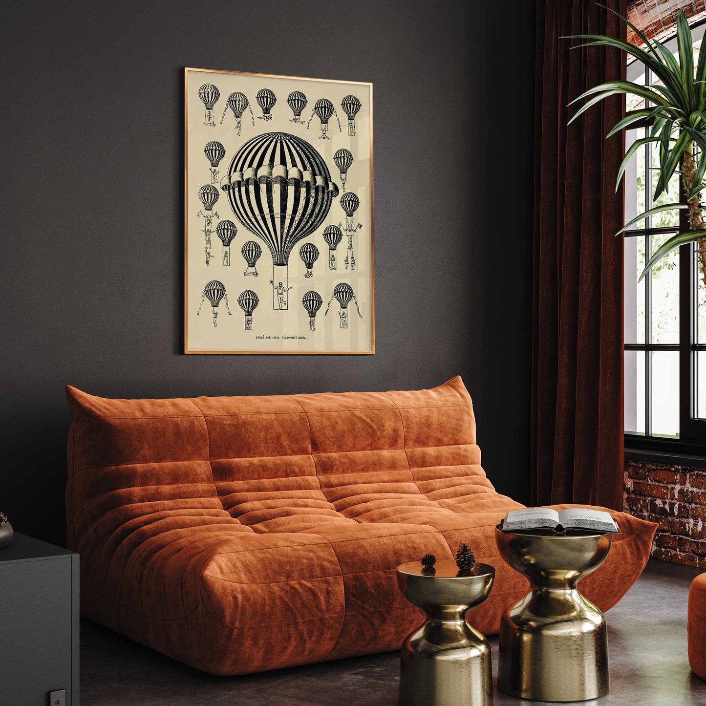 Henry La Vaulx Hot Air Balloon Study vintage scientific balloon chart with black and white striped balloons poster, framed and displayed in modern living room decor