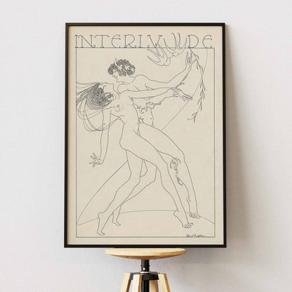 John Austen Interlude poster featuring two elegant intertwined figures in fine black line art on a warm cream background, framed and displayed in modern living room decor