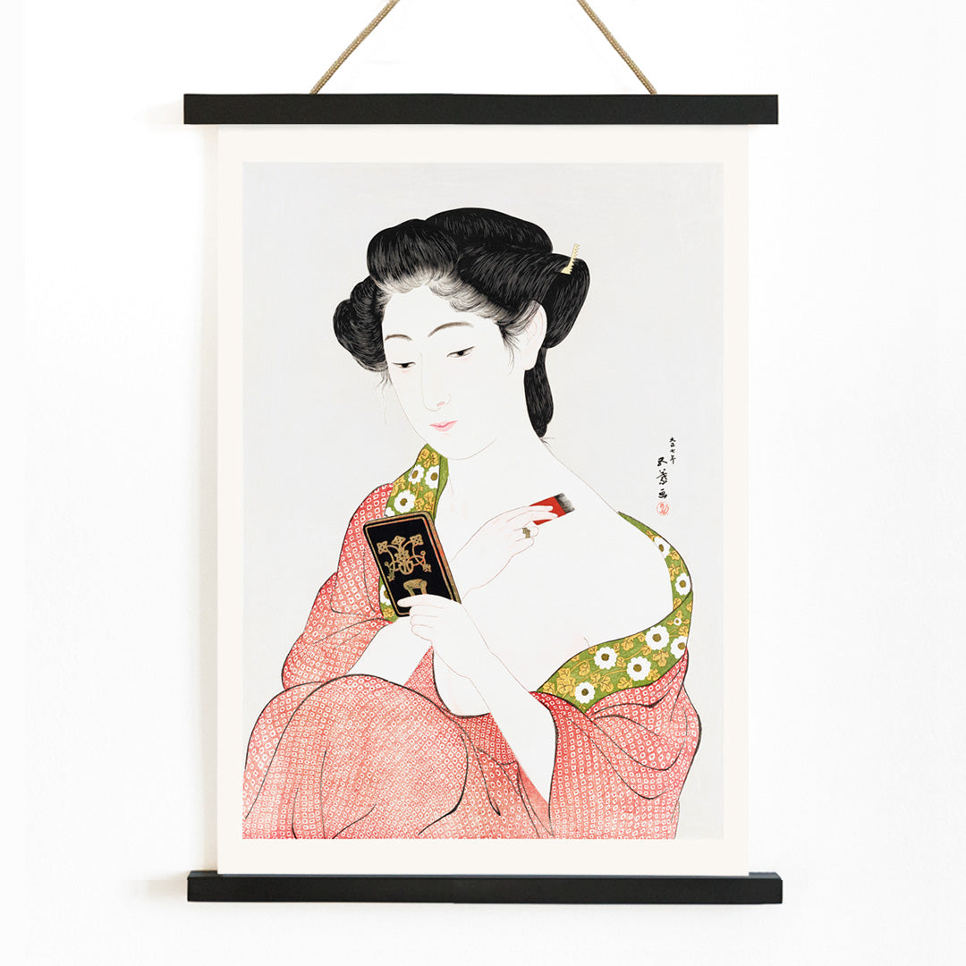 High resolution Japanese art print of a woman in a kimono applying powder by Goyo Hashiguchi titled Woman Applying Powder, with wooden magnetic frame on white background