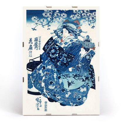 Japanese women in traditional kimono with floral patterns and blossom trees ukiyo-e style artwork by Utagawa Kuniyoshi, framed and displayed in modern living room decor