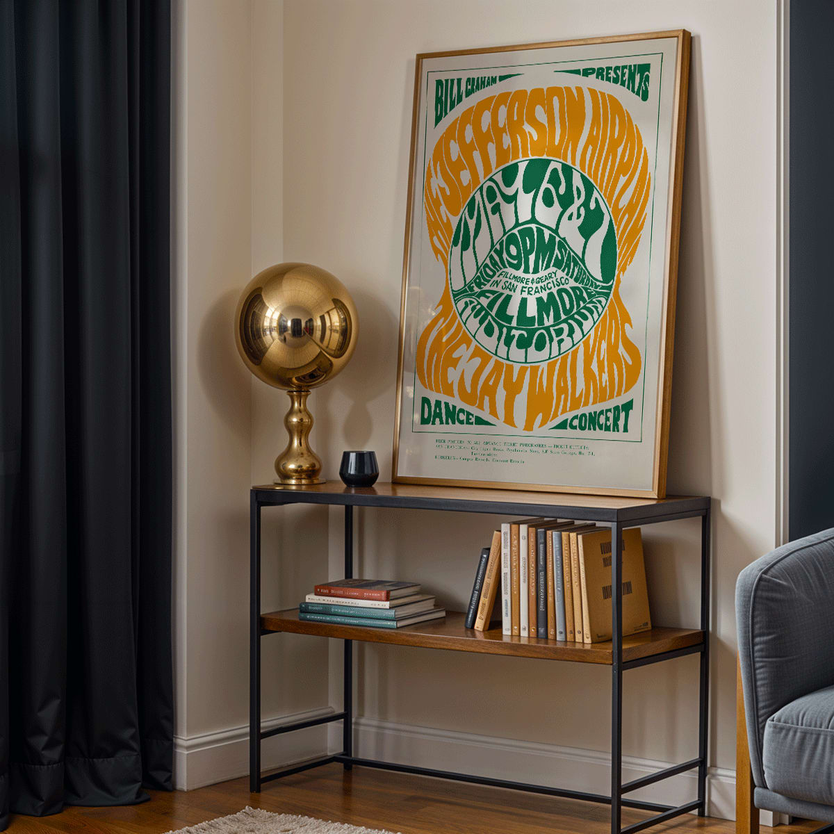 Psychedelic concert poster by Wes Wilson for The Jefferson Airplane and Jay Walkers at Fillmore Auditorium with vibrant orange and green text, framed and displayed in modern living room decor