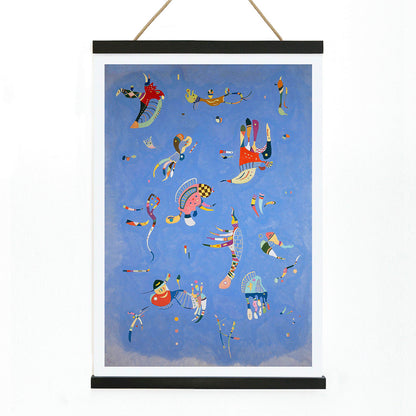 Bleu de Ciel by Wassily Kandinsky abstract blue artwork poster with colorful geometric shapes and vibrant colors on a blue background, with wooden magnetic frame on white background