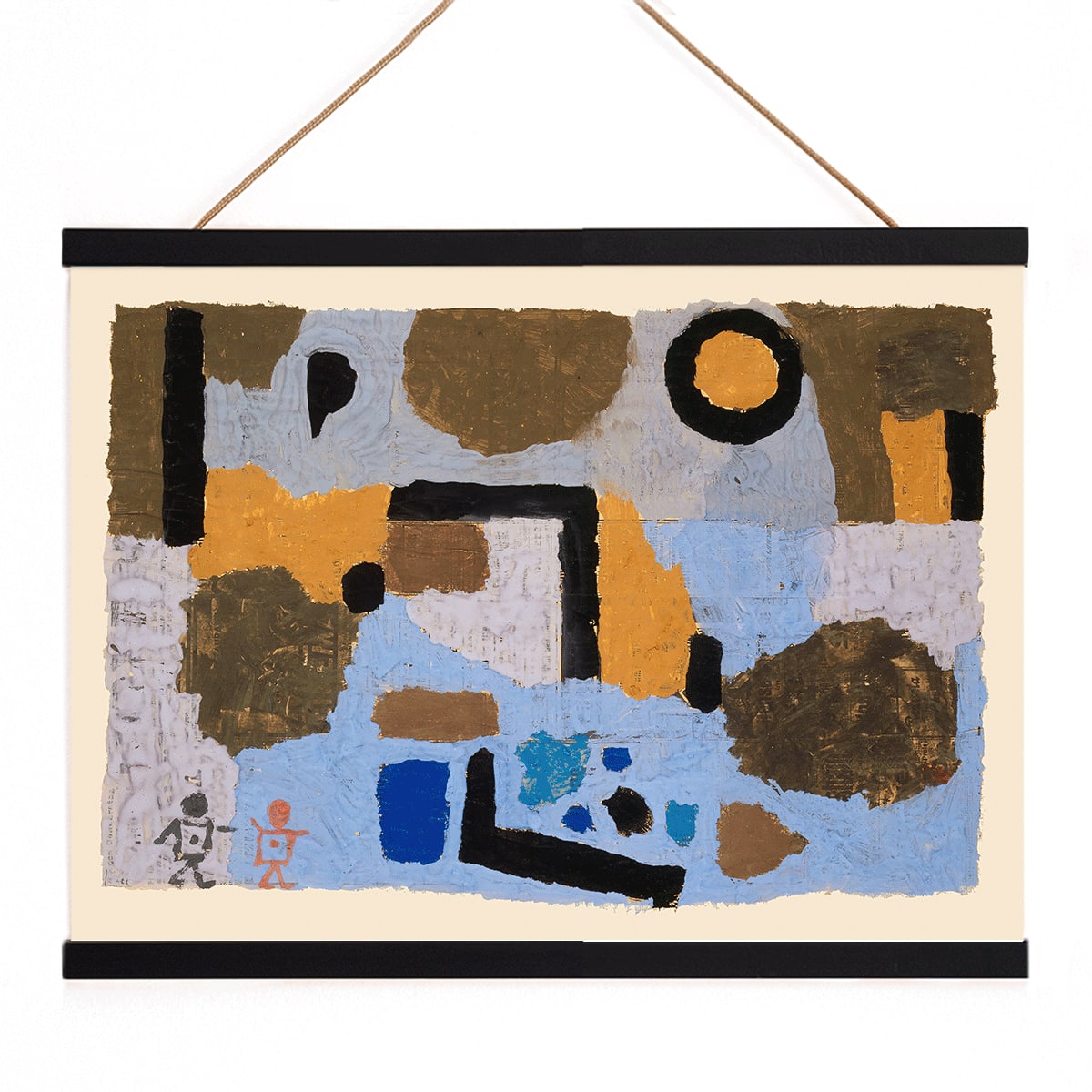 Abstract geometric art in blue and brown earthy tones by Paul Klee titled With the Two Lost Ones poster, with wooden magnetic frame on white background