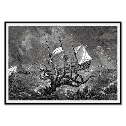 The Kraken attacking a ship in stormy seas sea monster poster titled The Kraken as seen by the eye of imagination, with black aluminium frame on white background