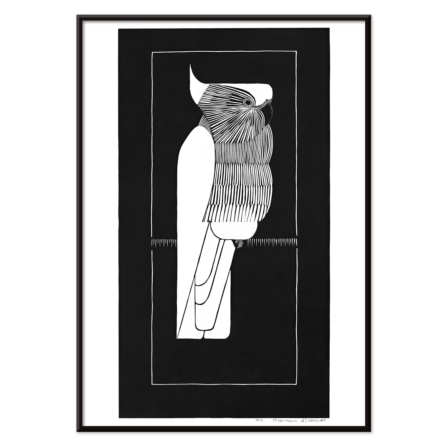 Black and white sulphur crested cockatoo fine art print and stylized poster by Samuel Jessurun de Mesquita, with black aluminium frame on white background