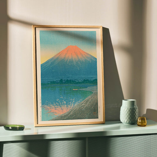 Serene sunrise over Lake Yamanaka with Mount Fuji at dawn by Kawase Hasui Japanese art poster, framed and displayed in home decor