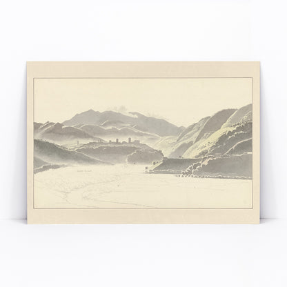 Landscape of Cittaducale with hills mountains and distant town by Josephus Augustus Knip poster titled View of Cittaducale, framed and displayed in modern living room decor