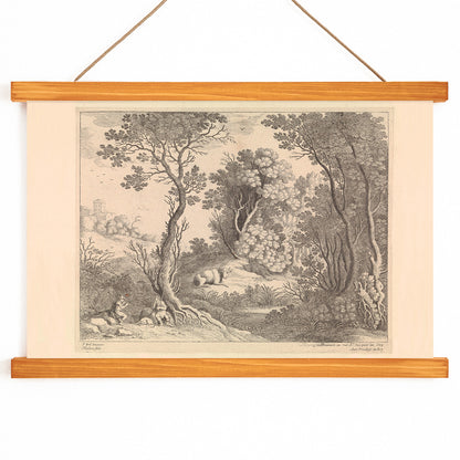 Mercury playing the flute in a detailed forest landscape with trees animals and natural scenery by Willem van Nieulandt poster, with wooden magnetic frame on white background