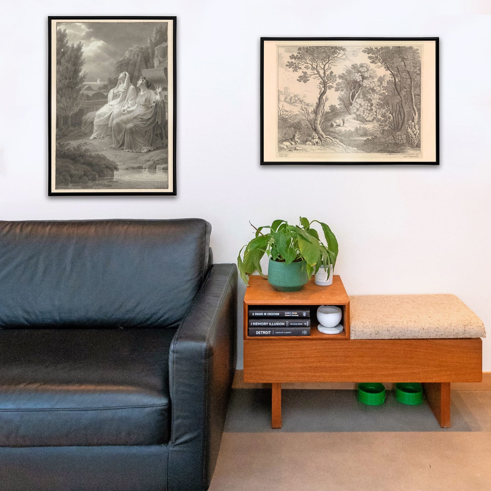 Mercury playing the flute in a detailed forest landscape with trees animals and natural scenery by Willem van Nieulandt poster, framed and displayed in home decor