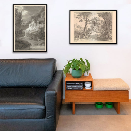 Mercury playing the flute in a detailed forest landscape with trees animals and natural scenery by Willem van Nieulandt poster, framed and displayed in home decor