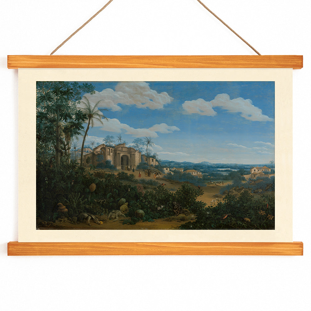 Poster of lush landscape and historic colonial buildings in View of Olinda Brazil by Frans Jansz Post, with wooden magnetic frame on white background
