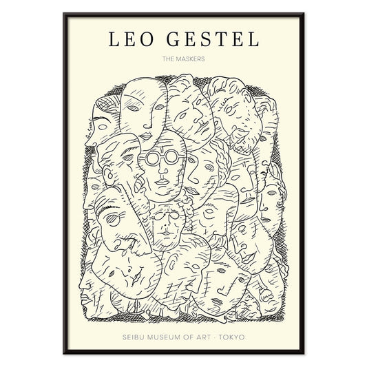 Leo Gestel Maskers artwork and poster featuring abstract faces and post-impressionist style exhibited at Seibu Museum of Art Tokyo, with black aluminium frame on white background