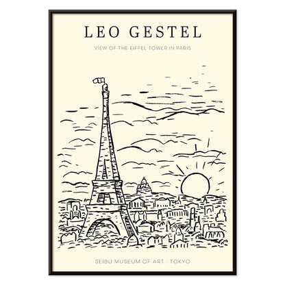 Artwork by Leo Gestel View of the Eiffel Tower in Paris sketch of Eiffel Tower and cityscape poster, with black aluminium frame on white background