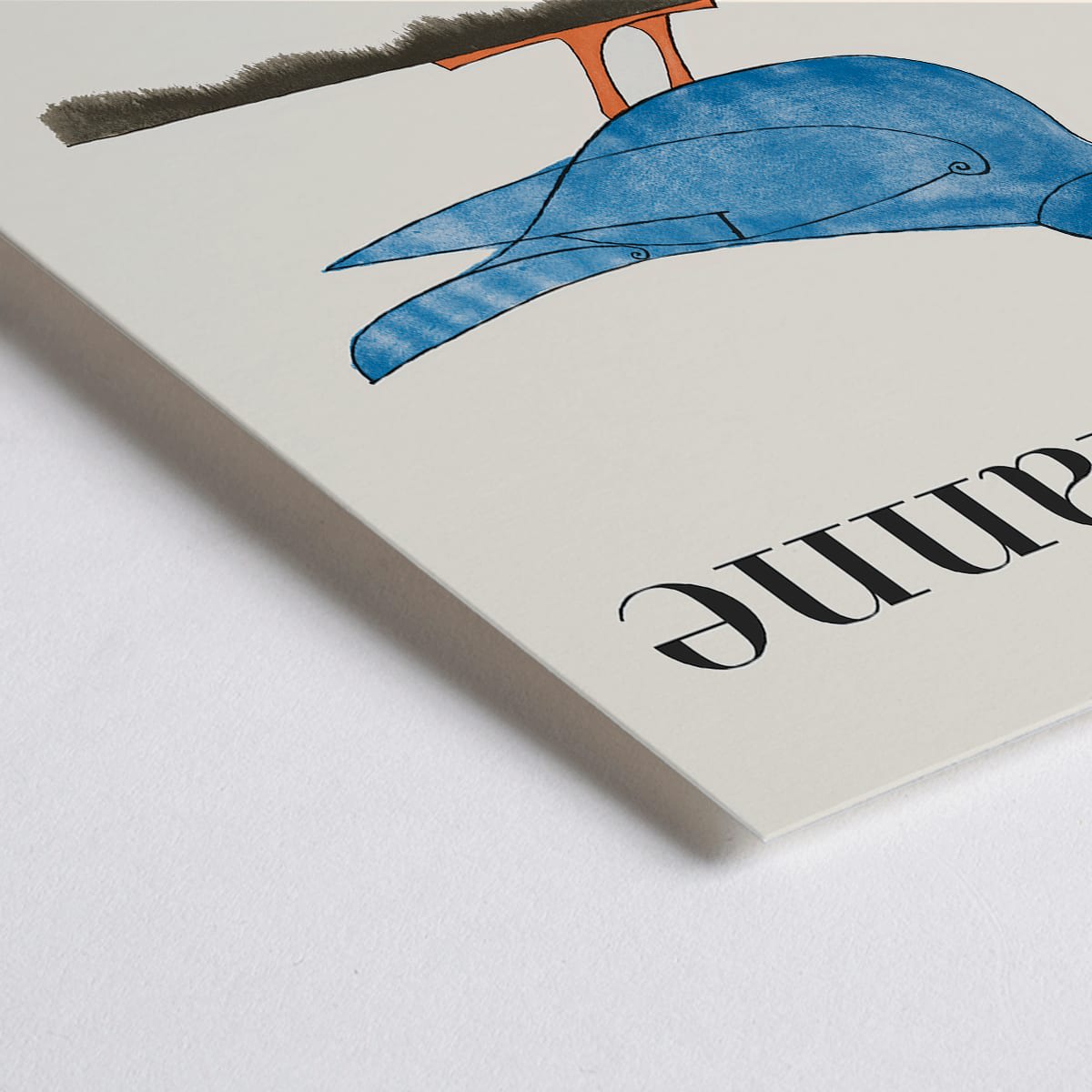 Closeup detail of Les Lalanne Exhibition poster by Francois Xavier Lalanne featuring a stylized blue bird with orange legs on beige background