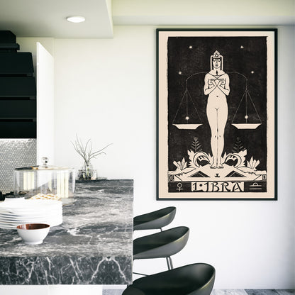 Art Nouveau Libra zodiac sign illustration by Henri van der Stok featuring a woman holding balanced scales and stars, framed and displayed in home decor
