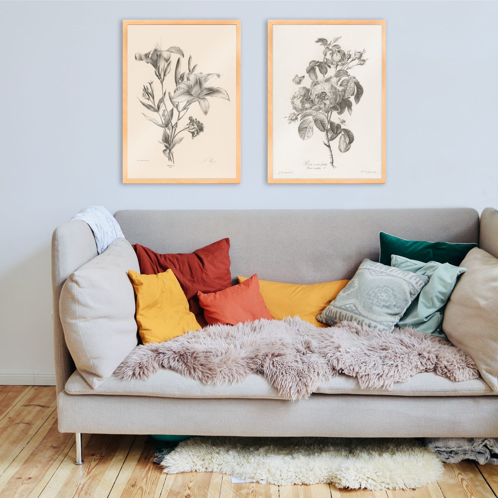 Detailed black and white botanical illustration of two lilies by Anton Weiss titled Two black and white lilies poster, framed and displayed in home decor