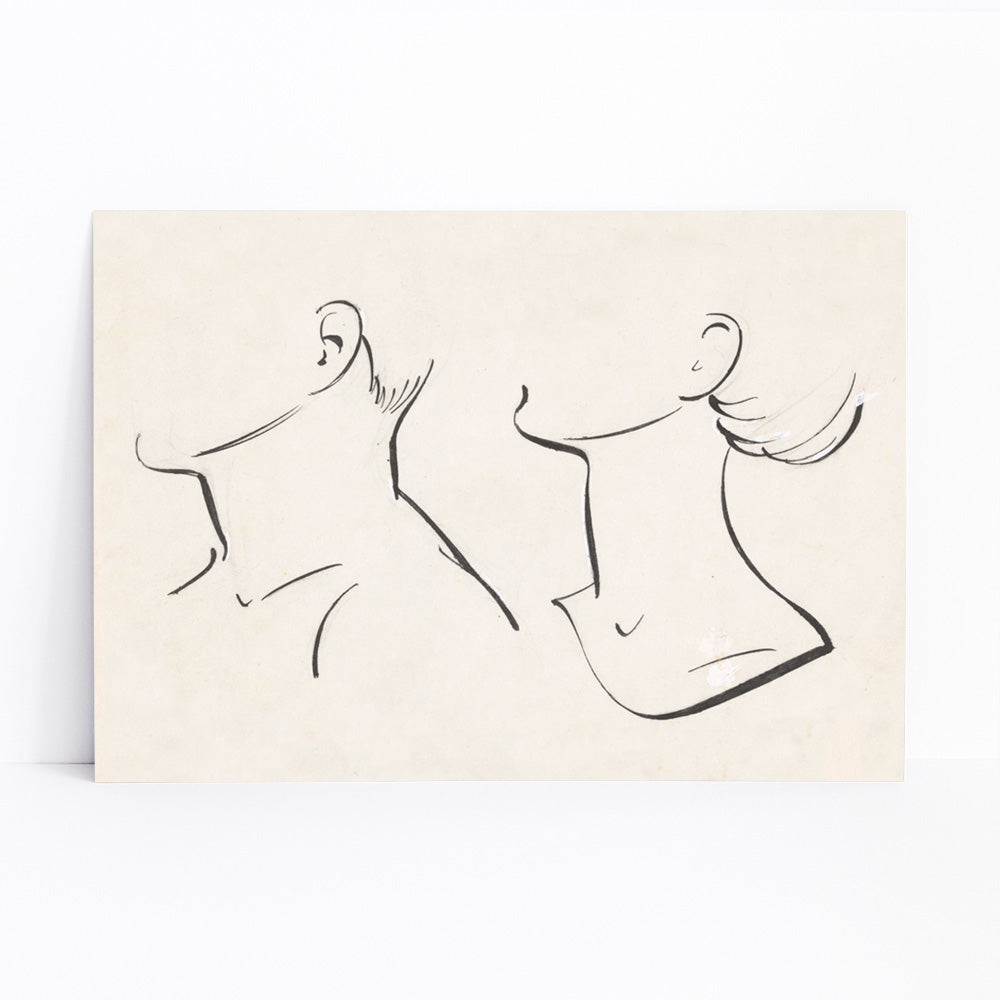 Minimalist ink drawing and line art poster of man and woman necks by Hans Borrebach, framed and displayed in modern living room decor