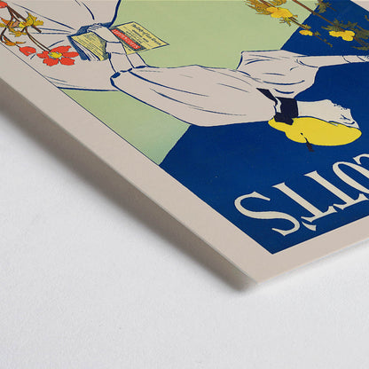 Closeup detail of Woman in white dress picking flowers holding a book for Lippincotts May by William Carqueville illustration and poster