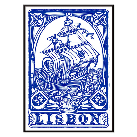 Blue painted azulejo tile artwork by Lisbon Azulejo featuring a ship and the word Lisbon Blue painted tile 1 poster, with black aluminium frame on white background