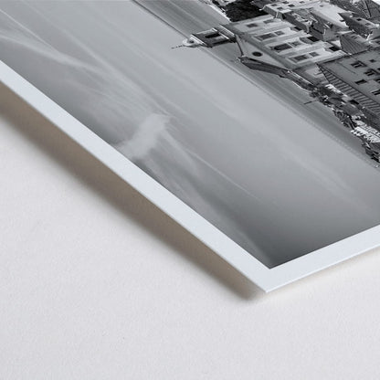 Closeup detail of Lisbon Old City Landscape Black and White Picture 1 showing historic buildings rooftops and ocean view waterfront poster