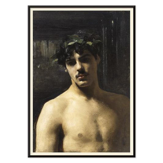 Man Wearing Laurels painting by John Singer Sargent poster featuring a shirtless man with a laurel wreath on his head, with black aluminium frame on white background
