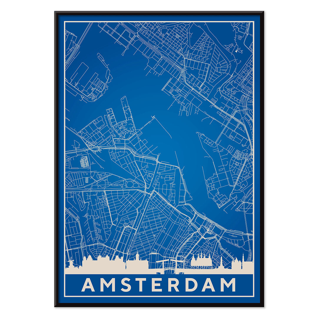 Amsterdam minimalist map artwork poster in blue and white showing detailed city streets and waterways, with black aluminium frame on white background