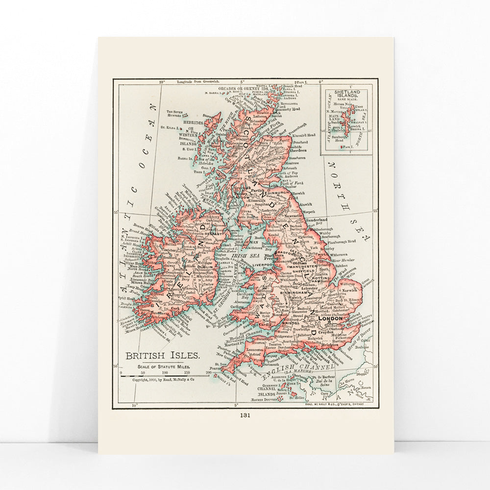 Vintage cartographic map of the British Isles from Universal Atlas of the World as detailed artwork poster, framed and displayed in modern living room decor
